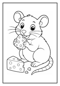 Leuke kleurplaat van een rat die een klein blaadje als paraplu vasthoudt, geschikt voor kinderen.