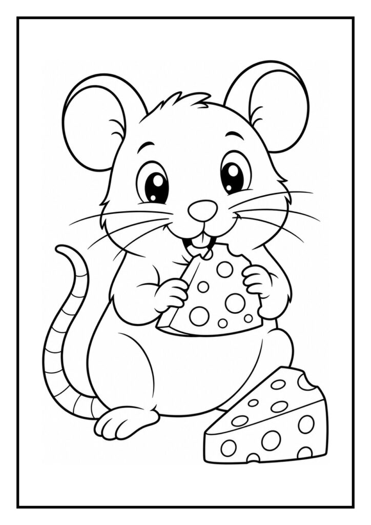 Kleurplaat van een witte rat die zijn snuit wast, schattig en eenvoudig getekend.