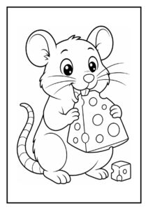 Witte rat die nieuwsgierig uit een cadeau doos piept op een eenvoudige kleurplaat