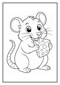 Kleurplaat van een witte rat die zijn nest bouwt, vrolijk en eenvoudig voor peuters.