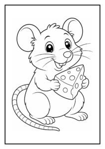 Kleurplaat van een witte rat die een klein karretje met kaas duwt