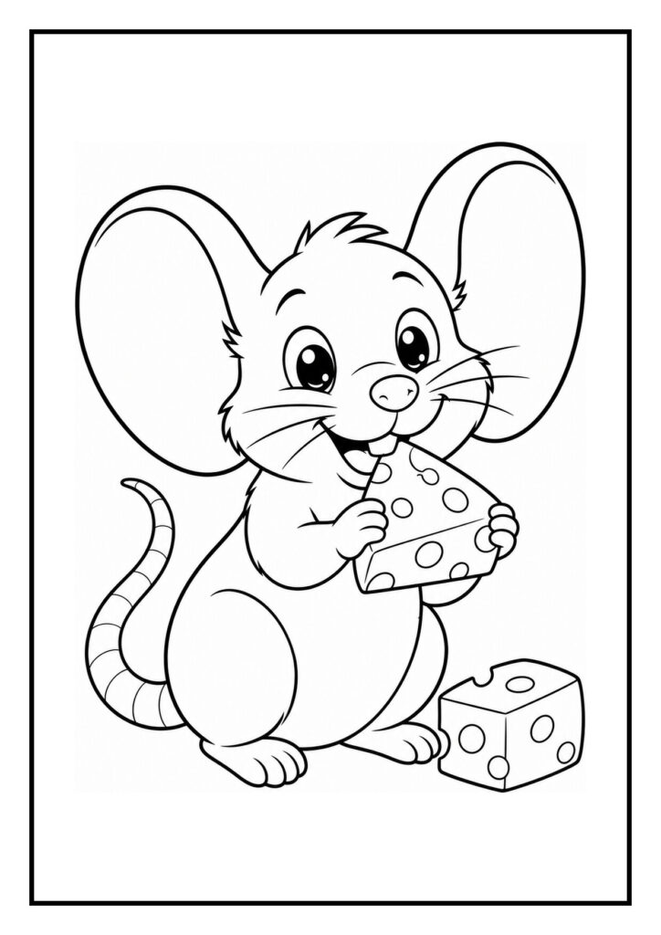 Leuke kleurplaat van een vrolijke schattige muis die een stuk kaas vasthoudt en erin bijt