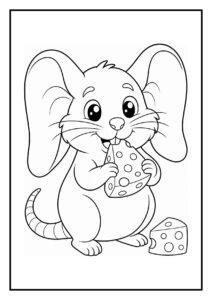 Leuke kleurplaat van een schattige muis die een stuk kaas eet.