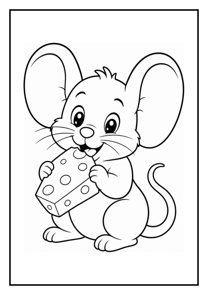 Kleurplaat van een schattig muizetje dat een stuk kaas vasthoudt.