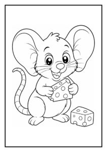 Kleurplaat van een vrolijke muis die kaas vasthoudt en een stuk kaas naast zich heeft