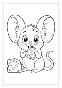 Kleurplaat van een schattige muis met kaas die op een ladder klimt en een blij gezicht heeft