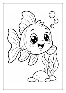 Leuke kleurplaat van een baby goudvis die zich half verstopt achter een waterplant in de oceaan, met bubbels en vrolijke uitstraling.