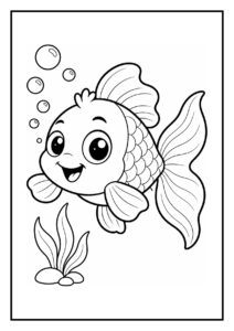 Kleurplaat van een schattige baby goudvis met grote ogen die een kronkelende lijn van bubbels volgt in een vrolijke onderwaterwereld.
