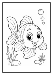Kleurplaat van een schattige baby goudvis die naar een groot voedselvlokje zwemt in een vrolijke onderwateromgeving met bubbels