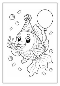 Kleurplaat van een vrolijke vis met een feesthoed, een ballon en confetti die een feestfluitje blaast