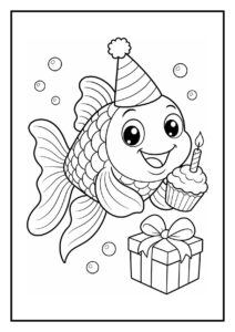 Kleurplaat van een schattige vis met een verjaardagshoed die een cupcake met kaarsje vasthoudt naast een cadeau
