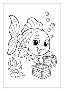 Leuke kleurplaat van een vrolijke goudvis die een open schatkist onder water vasthoudt, omgeven door bubbels en waterplanten