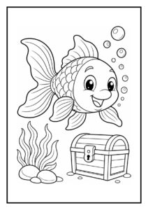 Kleurplaat van een schattige goudvis die glijdt op een waterglijbaan met bubbels en een schatkist in de zee