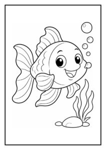 Leuke kleurplaat van een vrolijke en schattige goudvis die bubbels blaast onder een paraplu in het water