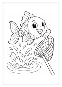 Kleurplaat van een vrolijke goudvis die uit het water springt naast een feestelijke vlaggenlijn