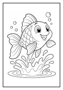 Leuke kleurplaat van een vrolijke vis die uit het water springt met waterdruppels en bubbels.