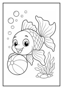 Kleurplaat van een vrolijke goudvis die speelt met een bal in de oceaan tussen bubbels en waterplanten.