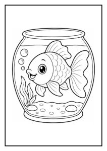Kleurplaat van een vrolijke goudvis die door een stenen boog zwemt in een onderwateromgeving met bubbels en waterplanten.