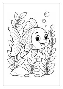 Kleurplaat van een vrolijke goudvis die door een bogen van waterplanten zwemt met bubbels om zich heen.