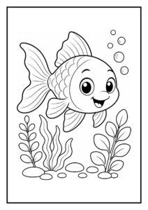 Kleurplaat van een schattige goudvis die zich verstopt tussen bladeren met bubbels en waterplanten