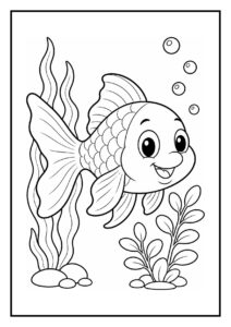 Kleurplaat van een schattige vrolijke goudvis onder water bij waterplanten met bubbels.