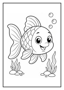 Schattige goudvis kleurplaat voor kinderen met een vrolijke vis onder water en bubbels