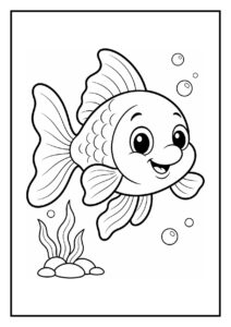 Kleurplaat van een vrolijke goudvis die uit een mini-eilandje spuit, omringd door bubbels en waterplanten.