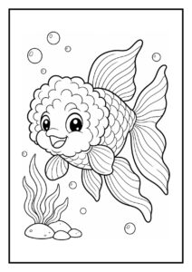 Vrolijke leeuwenkopgoudvis met krullende vinnen en bubbels tussen waterplanten in het water.