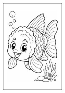 Kleurplaat van een vrolijke leeuwenkopgoudvis die sierlijk een cirkel zwemt tussen bubbels en waterplanten