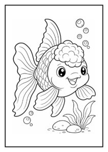 Kleurplaat van een schattige Oranda goudvis die vrolijk door een bellenpoort zwemt tussen bubbels en waterplanten