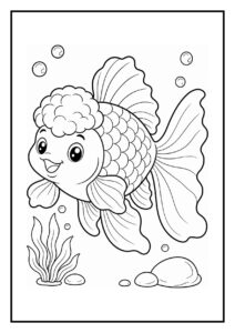 Kleurplaat van een vrolijke Oranda goudvis die sierlijk draaibeweging maakt onder water met bubbels en waterplanten.
