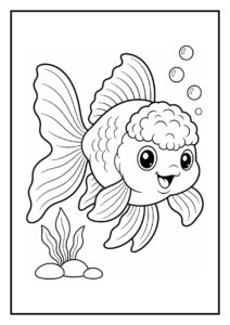 Kleurplaat van een schattige Oranda goudvis die vrolijk door een waterkring springt met bubbels en waterplanten.