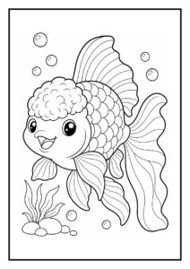 Kleurplaat van een schattige Oranda vis met krullend haar die vrolijk speelt met een zeepbel in de oceaan