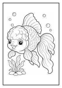 Kleurplaat van een schattige Oranda goudvis met bubbels en waterplanten tussen golvende waterstrepen
