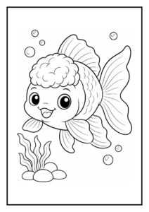 Kleurplaat van een vrolijke Oranda goudvis met grote ogen kijkend naar een vallend blaadje in het water met bubbels.