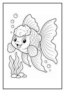 Leuke kleurplaat van een vrolijke Oranda goudvis die bubbels blaast in het water