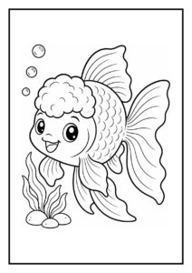 Kleurplaat van een schattige Oranda goudvis die vrolijk een waterbocht maakt rond een steen onder water met bubbels en waterplanten