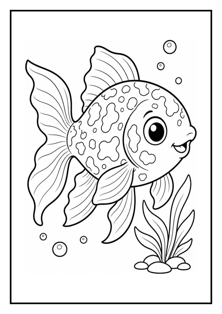 Leuke kleurplaat van een schattige Shubunkin goudvis die tussen koraalvrije rotsen door glijdt met bubbels en waterplantjes