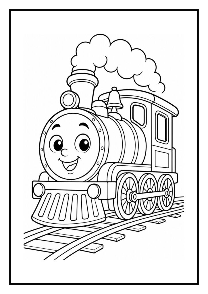 Kleurplaat van een vrolijke stoomlocomotief met een glimlach op de rails