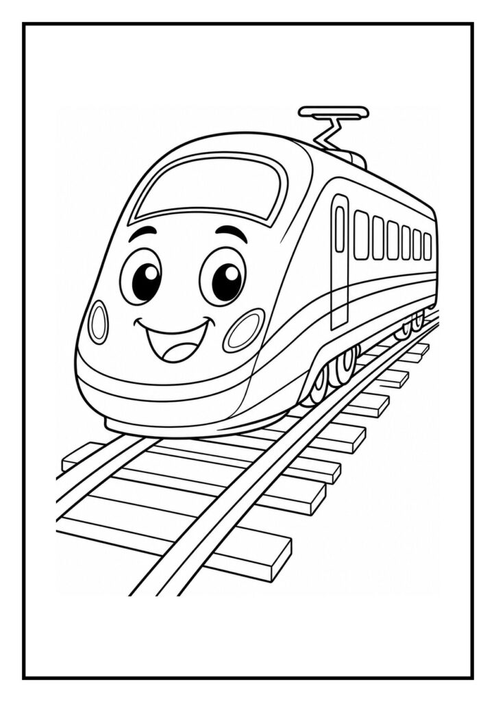 Kleurplaat van een lachende trein met grote ogen op spoorrails en een treinwachter die vertrek geeft