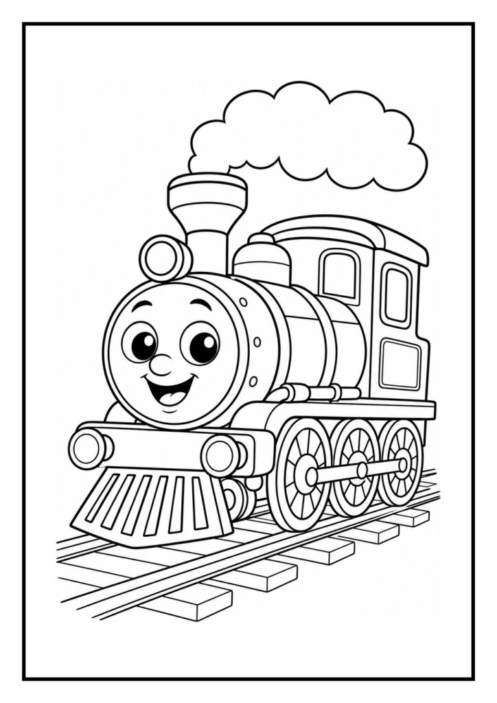 Kleurplaat van een lachende stoomlocomotief met grote ogen en rook die uit de schoorsteen komt