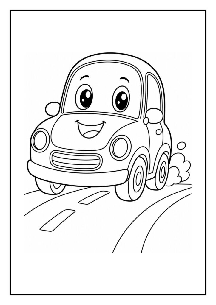 Kleurplaat van een schattige auto met grote ogen en een lachend gezicht die vrolijk wordt bijgetankt.