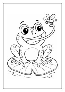 Kleurplaat van een vrolijke kikker die springt naar een waterlelie met een vlieg in de buurt