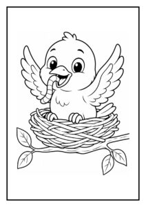 Kleurplaat van een vrolijke mama vogel die een worm voert aan haar kuiken in het nest