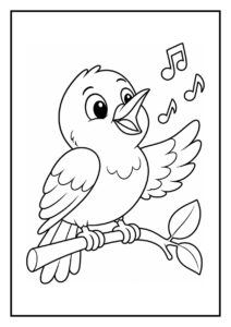 Kleurplaat van een schattige zingende vogel op een tak met muzieknoten in een bosdecoratie