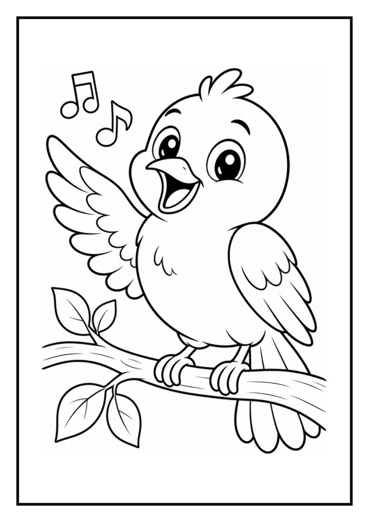 Leuke kleurplaat van een schattige vogel die vrolijk zingt op een tak in het bos in een V-vormige formatie.