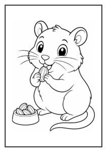 Kleurplaat van een schattige hamster die een noot eet uit een bakje