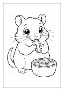 Hamster die een zonnebloempit eet met een schaal vol zonnebloempitten naast zich
