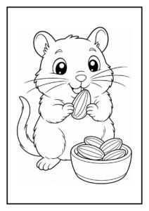 Kleurplaat van een schattige hamster die door een klein waterbakje rent.