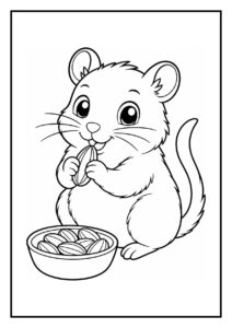 Kleurplaat van een schattige hamster die een zaadje eet met een bak vol zaden naast zich.